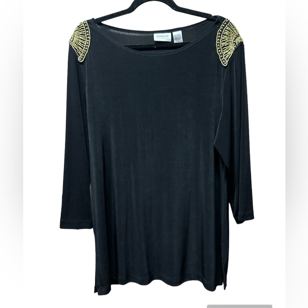 Chico's Black Embellished Shoulder Long Sleeve Top